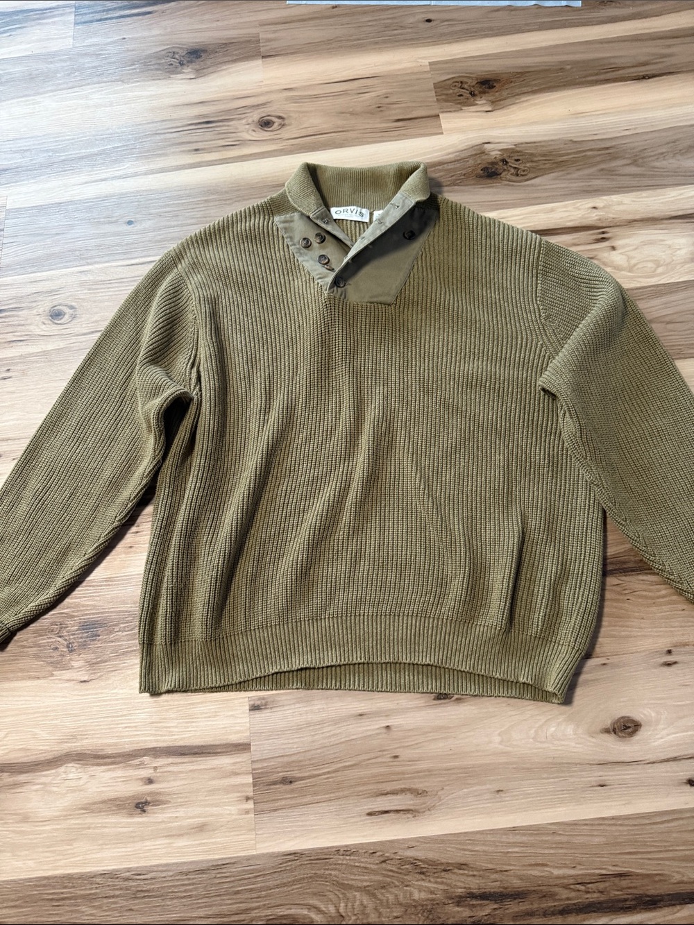 Orvis Olive Men's Button-Collar V-Neck Sweater